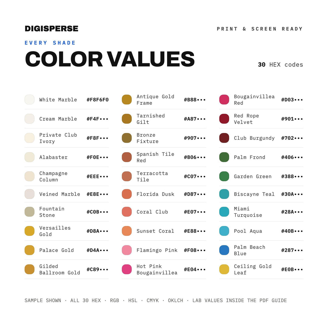 Mar-a-Lago Gold Color Palette | 30 Colors | Hex RGB CMYK | Procreate Swatches + ASE | Digital Download