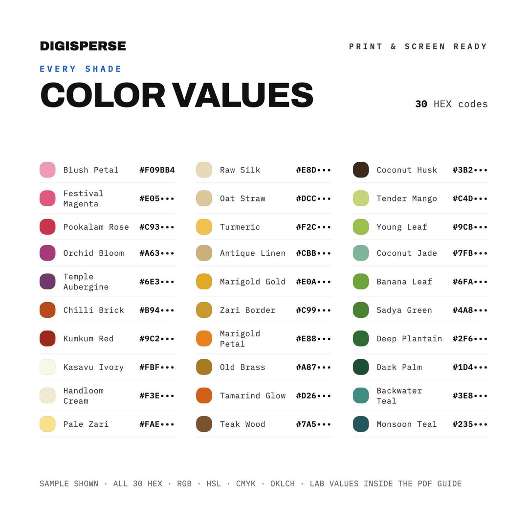 Onam Color Palette | Kasavu Cream Gold Kerala Festival | 30 Colors Hex RGB