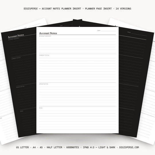 Account Notes printable planner insert — main preview