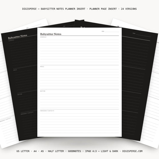 Babysitter Notes printable planner insert — main preview