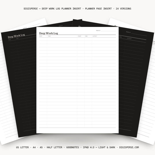 Deep Work Log printable planner insert — main preview