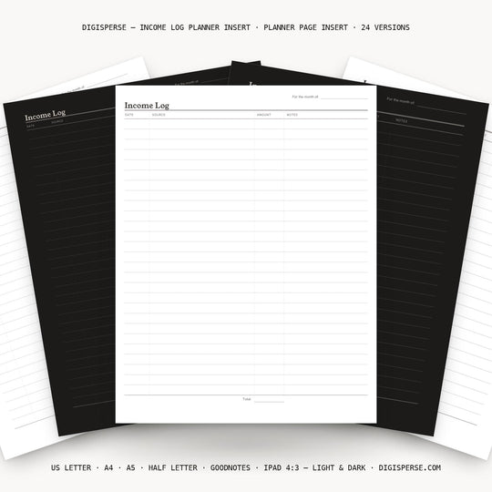 Income Log printable planner insert — main preview