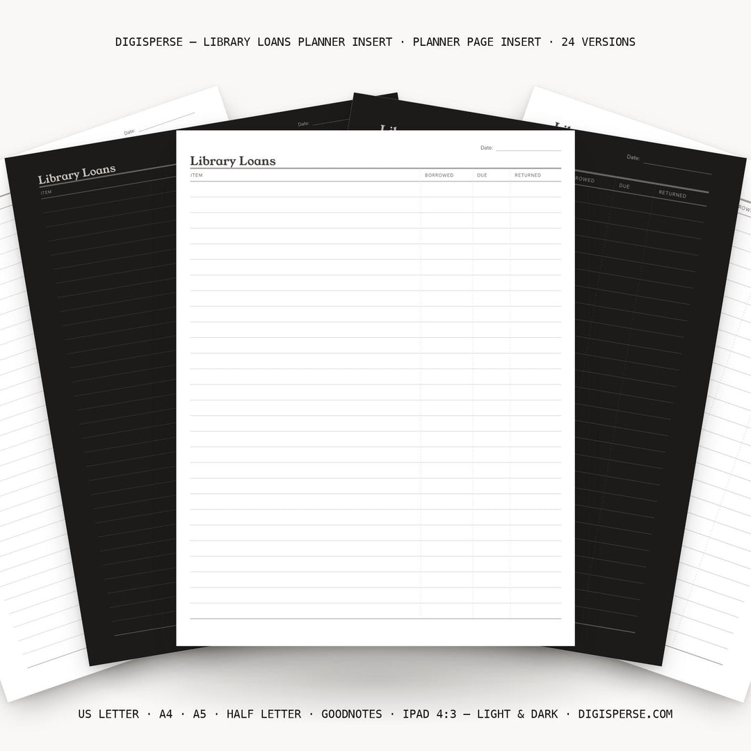 Library Loans Planner Insert | Reading Log | GoodNotes iPad PDF | Digital Download