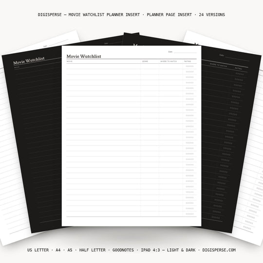 Movie Watchlist printable planner insert — main preview
