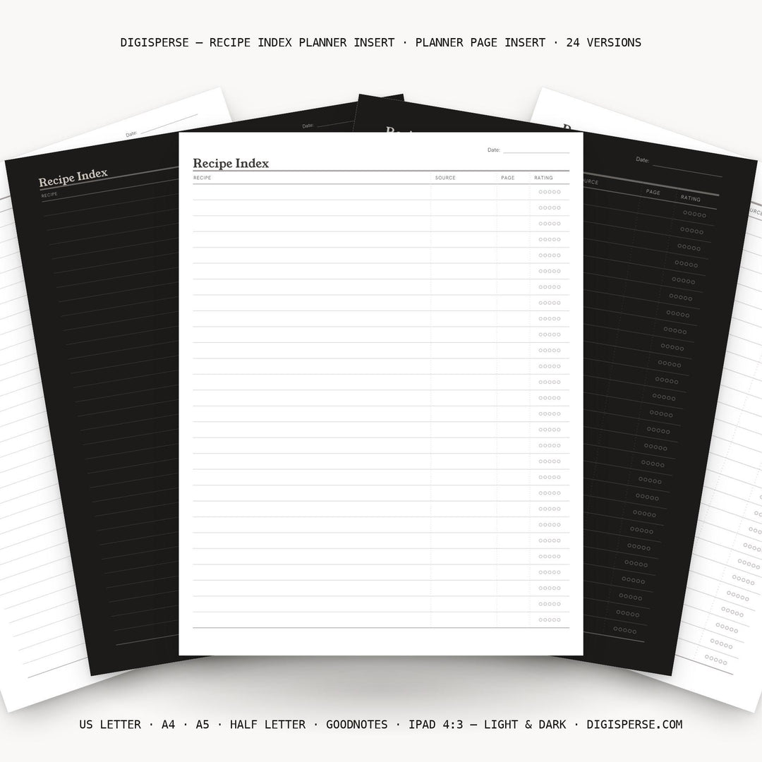 Recipe Index Planner Insert | Meal Planner | GoodNotes iPad PDF | Digital Download