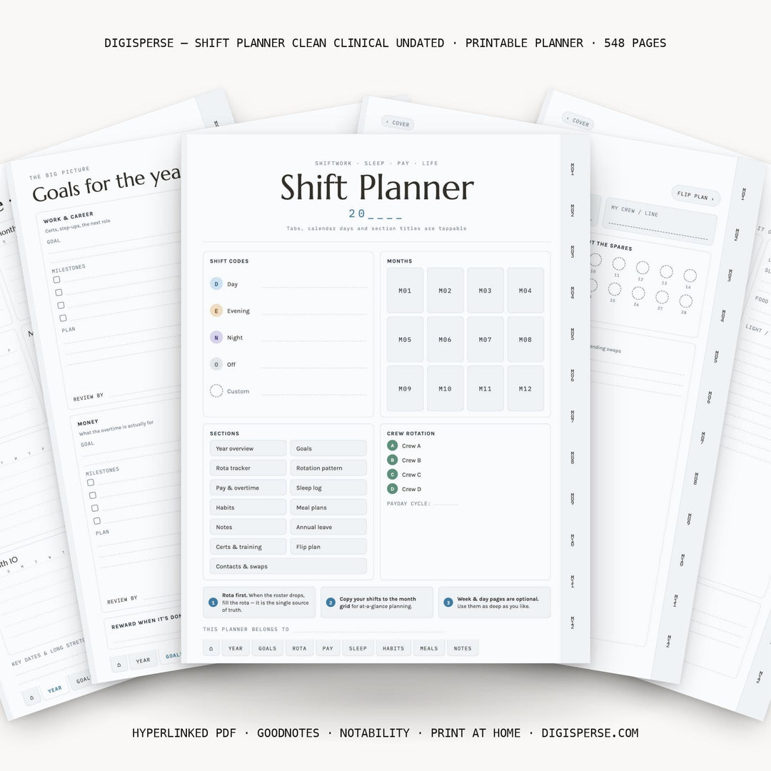 Undated Nurse Shift Planner | Clean Clinical Digital PDF, 548 Hyperlinked Pages | Rotation, Pay + Sleep Trackers | Reusable Year to Year