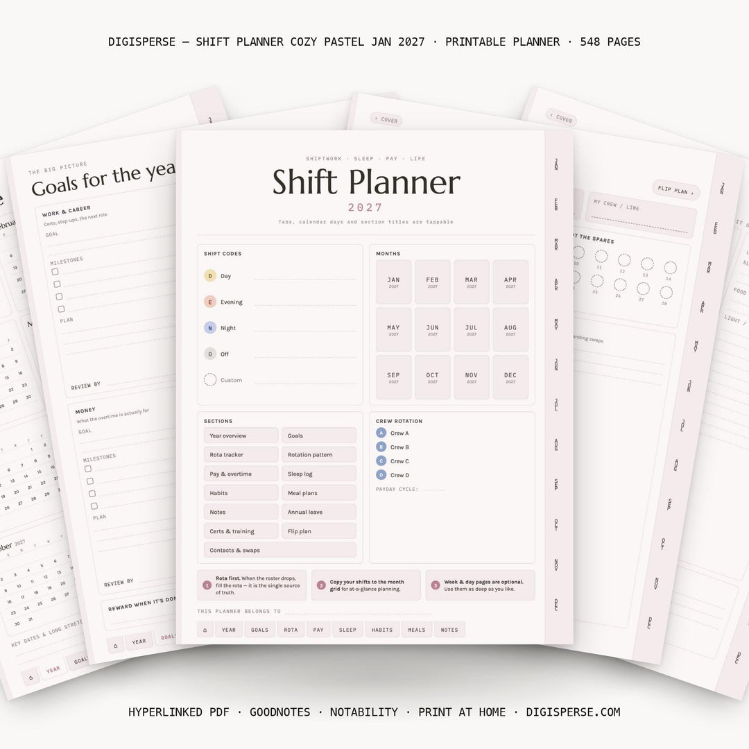 Dated Cozy Pastel Shift Planner 2027 | Rotation, Pay, Sleep Trackers (Digital PDF)
