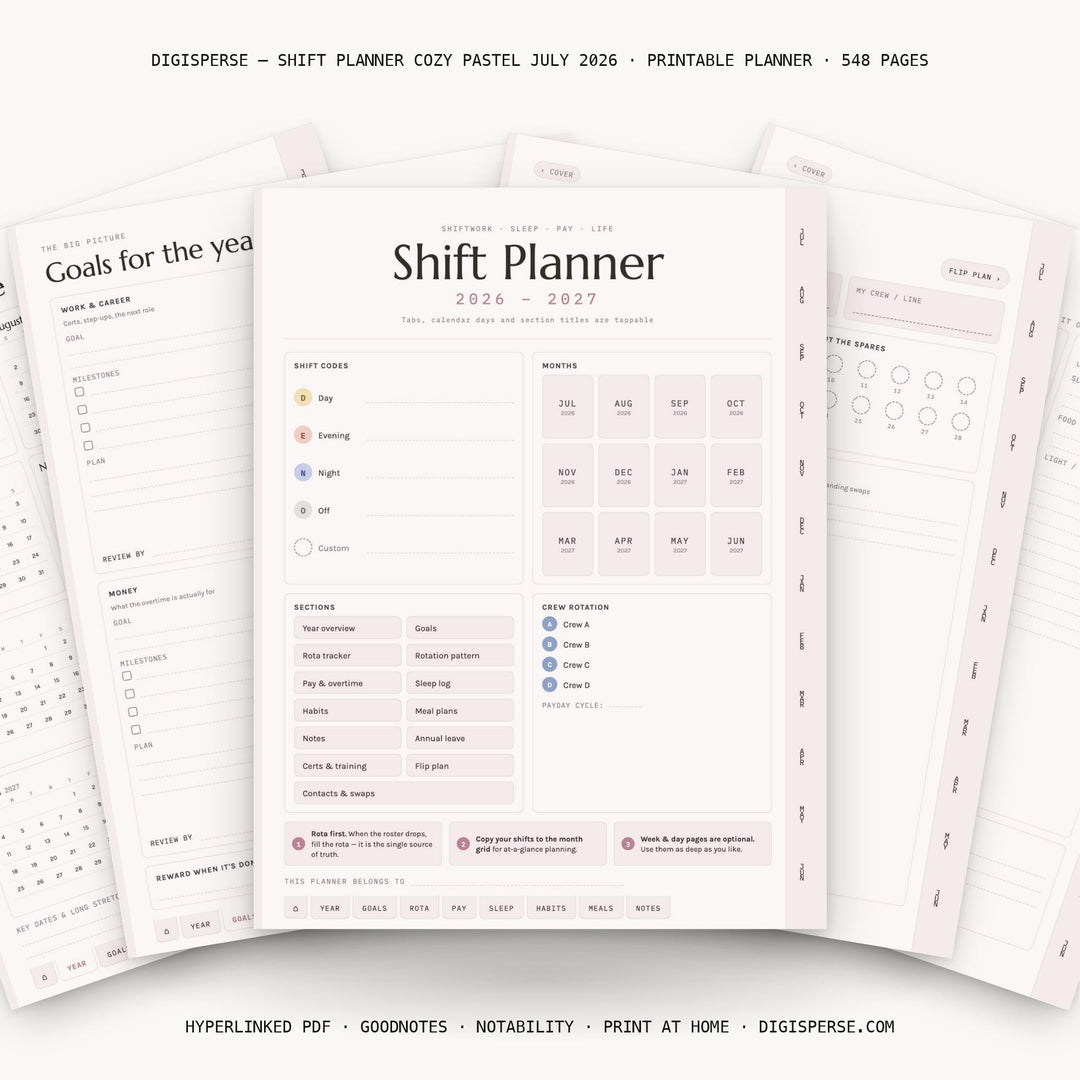 Cozy Pastel Shift Planner July 2026-June 2027 (Digital PDF)