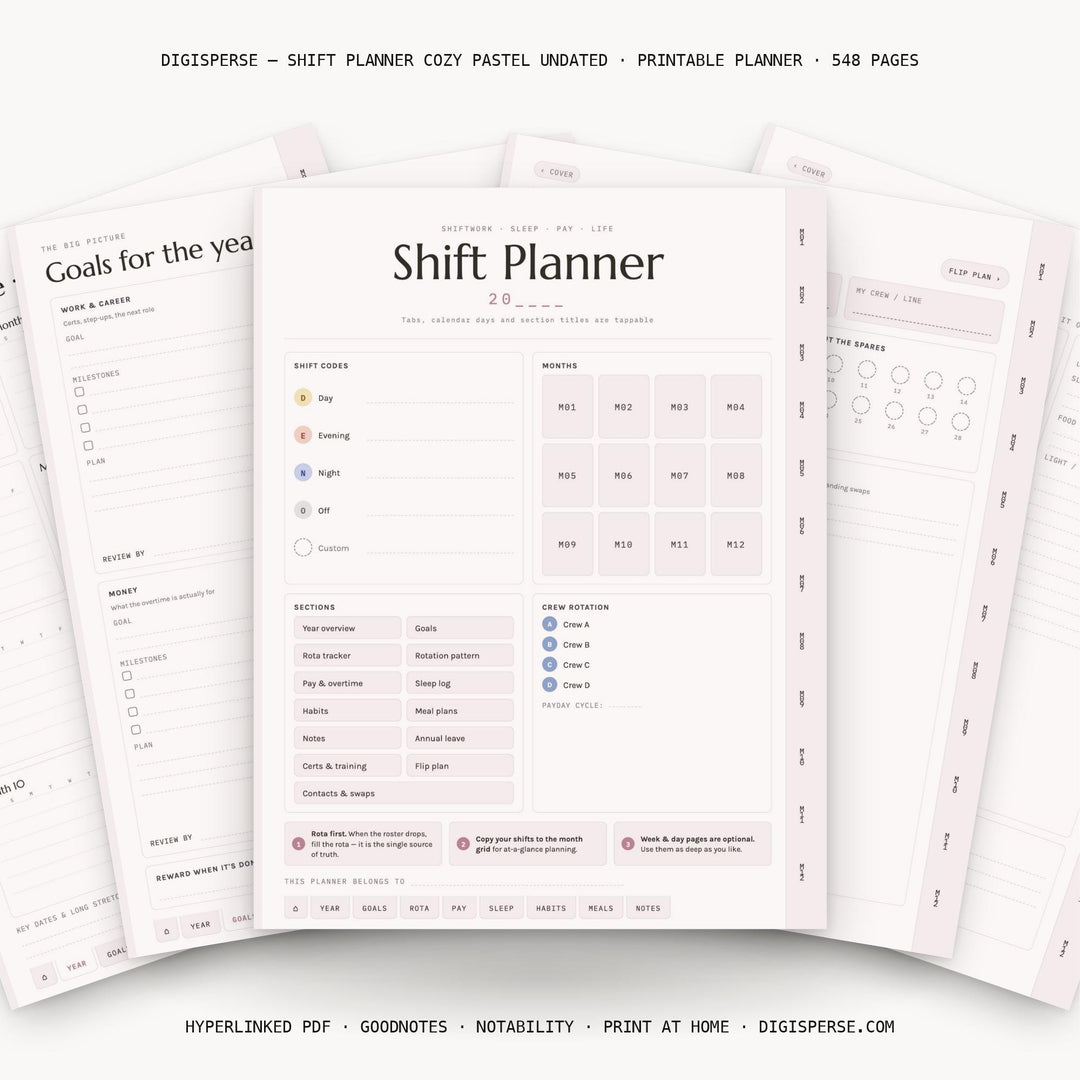 Cozy Pastel Shift Worker Planner | Undated Rotation, Pay, Sleep Trackers (Digital PDF)
