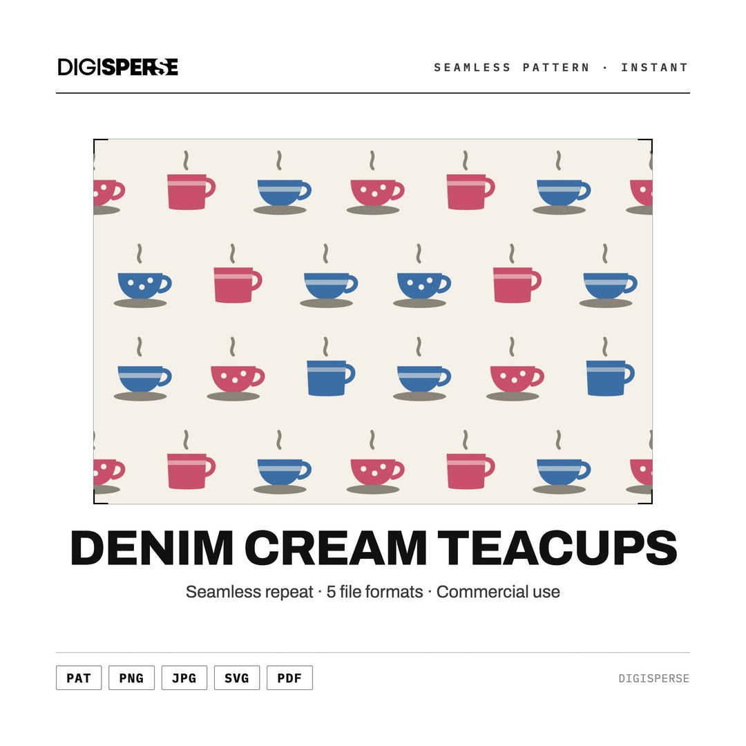 Digital Scrapbook Paper | Denim Cream Teacups | Fabric Wallpaper | PNG SVG PDF