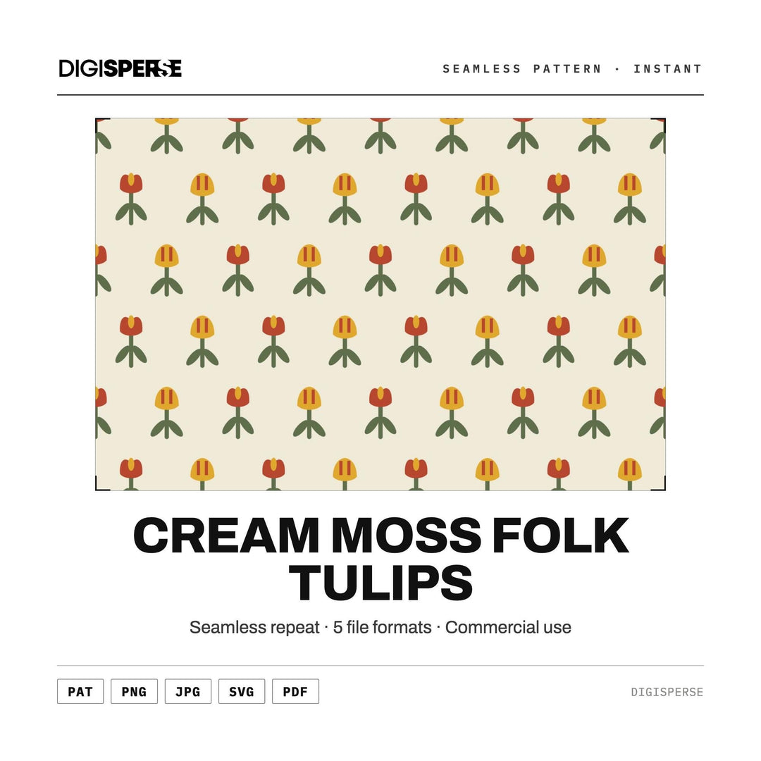 Seamless Digital Paper | Cream Moss Folk Tulips | Fabric Wallpaper | PNG SVG PDF