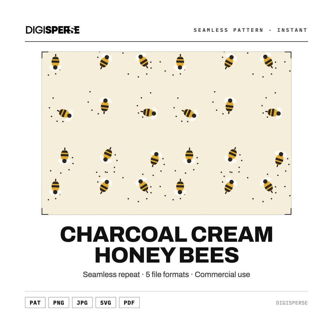 Seamless Digital Paper | Charcoal Cream Honey Bees | Fabric Wallpaper | PNG SVG PDF