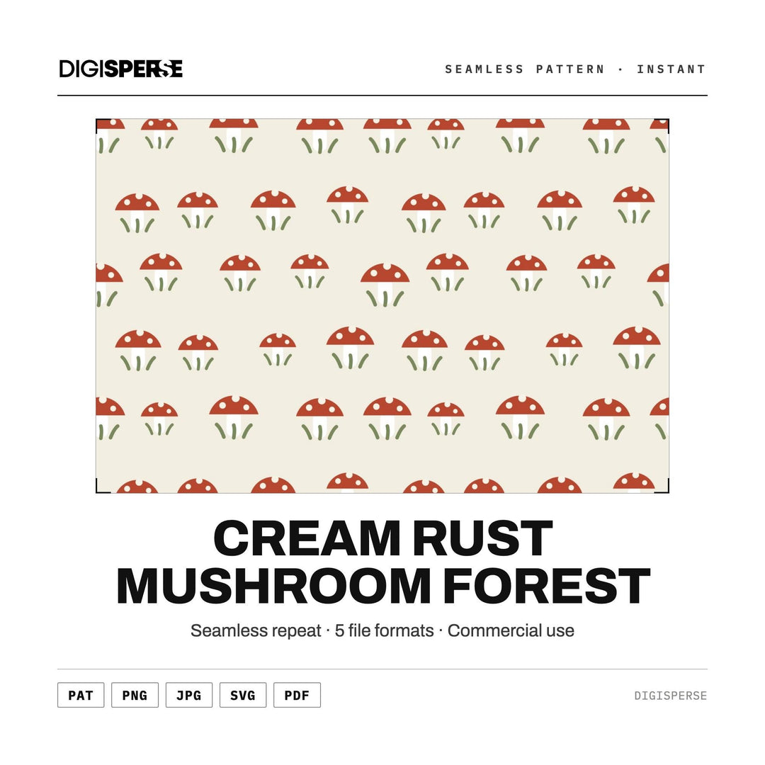 Seamless Digital Paper | Cream Rust Mushroom Forest | Fabric Wallpaper | PNG SVG PDF