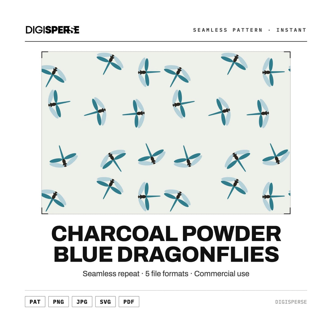 Seamless Digital Paper | Charcoal Powder Blue Dragonflies | Fabric Wallpaper | PNG SVG PDF