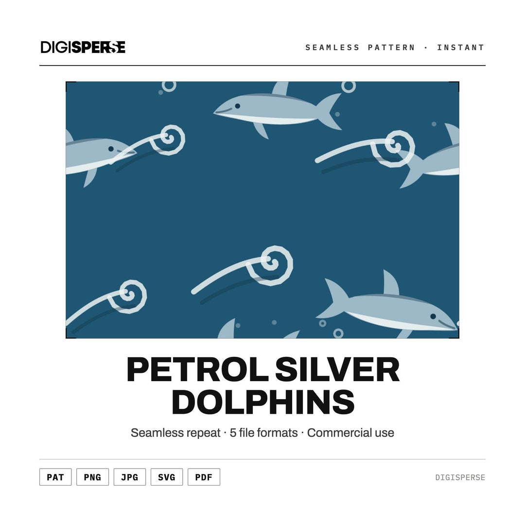 Seamless Digital Paper | Petrol Silver Dolphins | Fabric Wallpaper | PNG SVG PDF