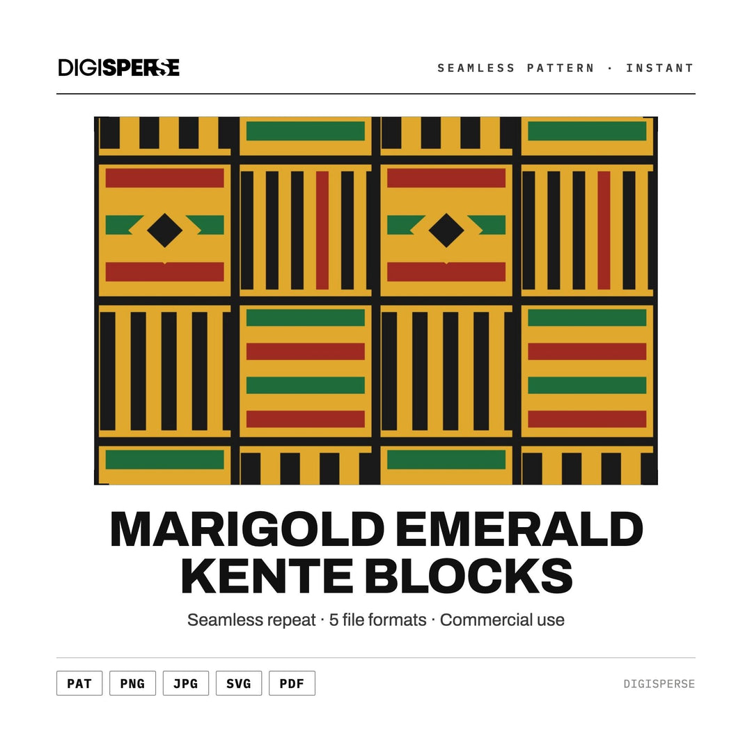 Surface Pattern Design | Marigold Emerald Kente Blocks | Digital Paper Fabric Wallpaper