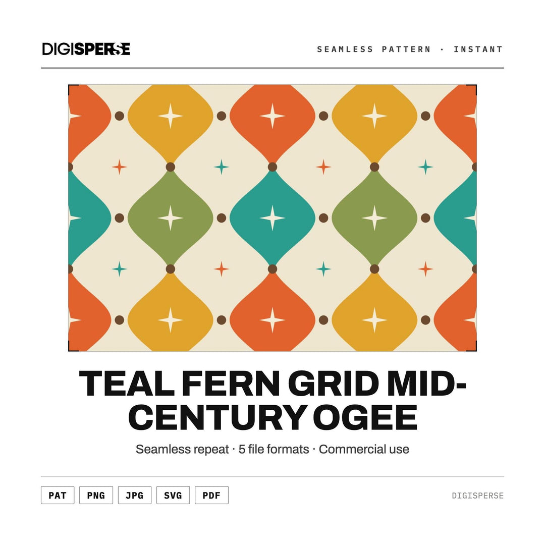 Surface Pattern Design | Teal Fern Grid Mid-Century Ogee | Digital Paper Fabric Wallpaper