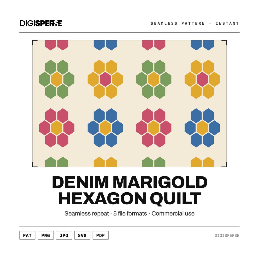 Digital Scrapbook Paper | Denim Marigold Hexagon Quilt | Fabric Wallpaper | PNG SVG PDF