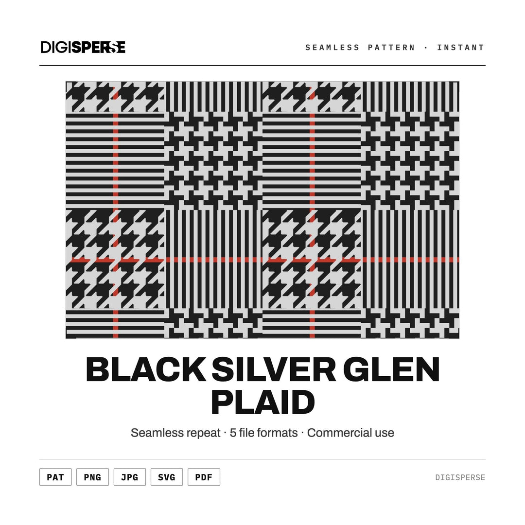 Seamless Pattern | Black Silver Glen Plaid | Digital Paper Fabric Wallpaper