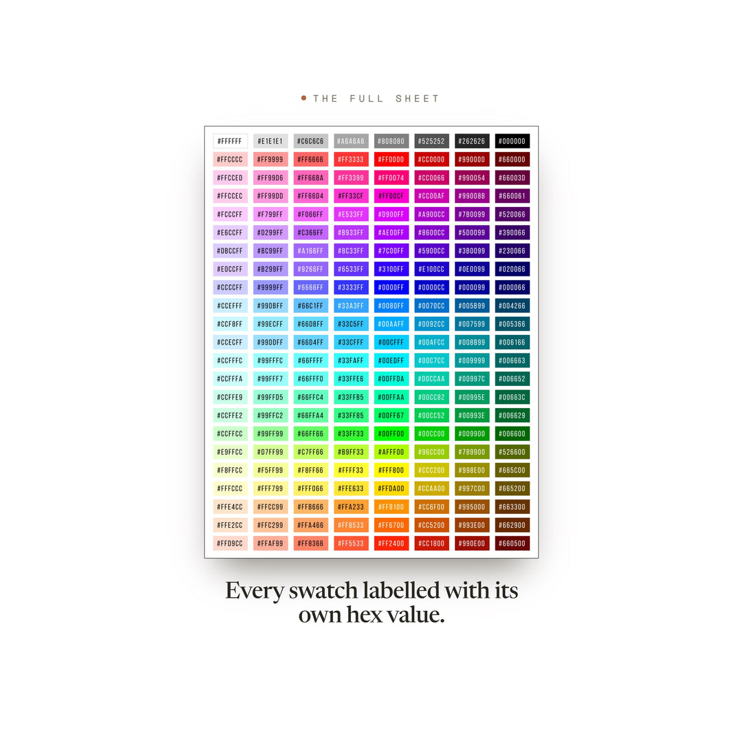 Full HEX color chart sheet, every swatch labelled with its hex value