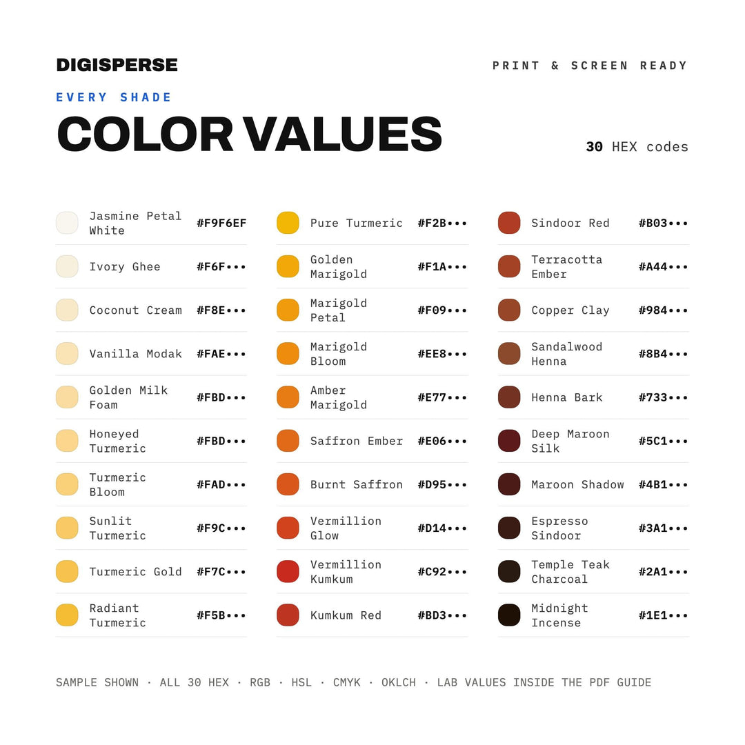 Ganesh Chaturthi Color Palette | Vermillion Marigold Turmeric Gold | 30 Colors Digital Swatches