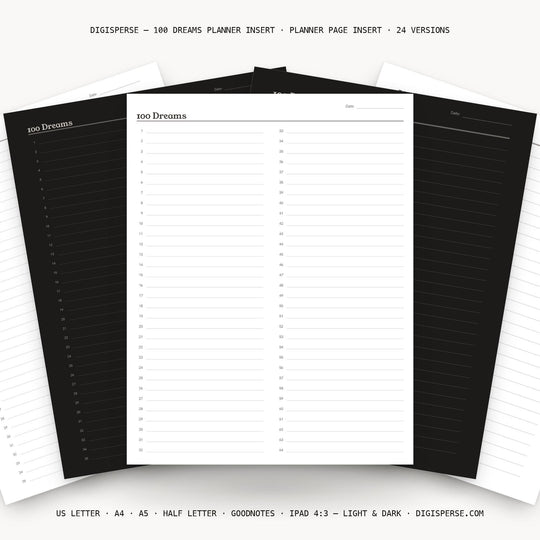 100 Dreams printable planner insert — main preview