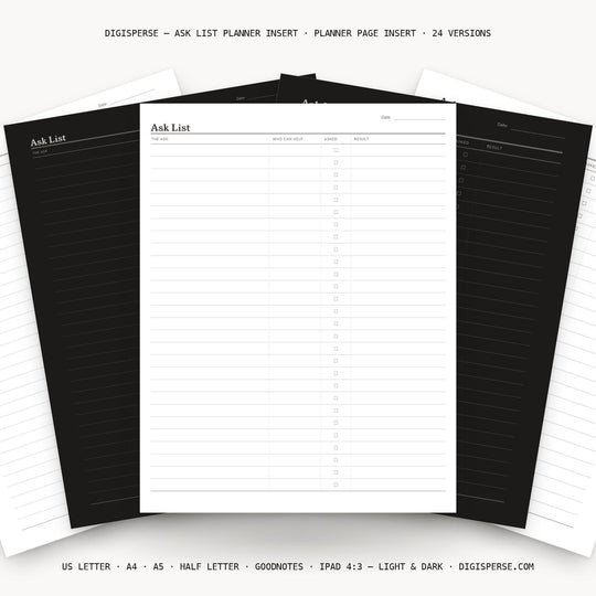 Ask List printable planner insert — main preview