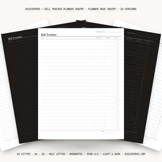 Bill Tracker printable planner insert — main preview