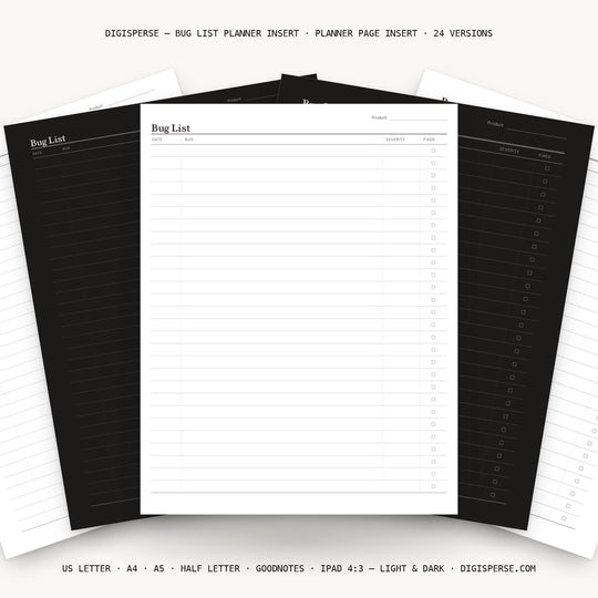Bug List printable planner insert — main preview