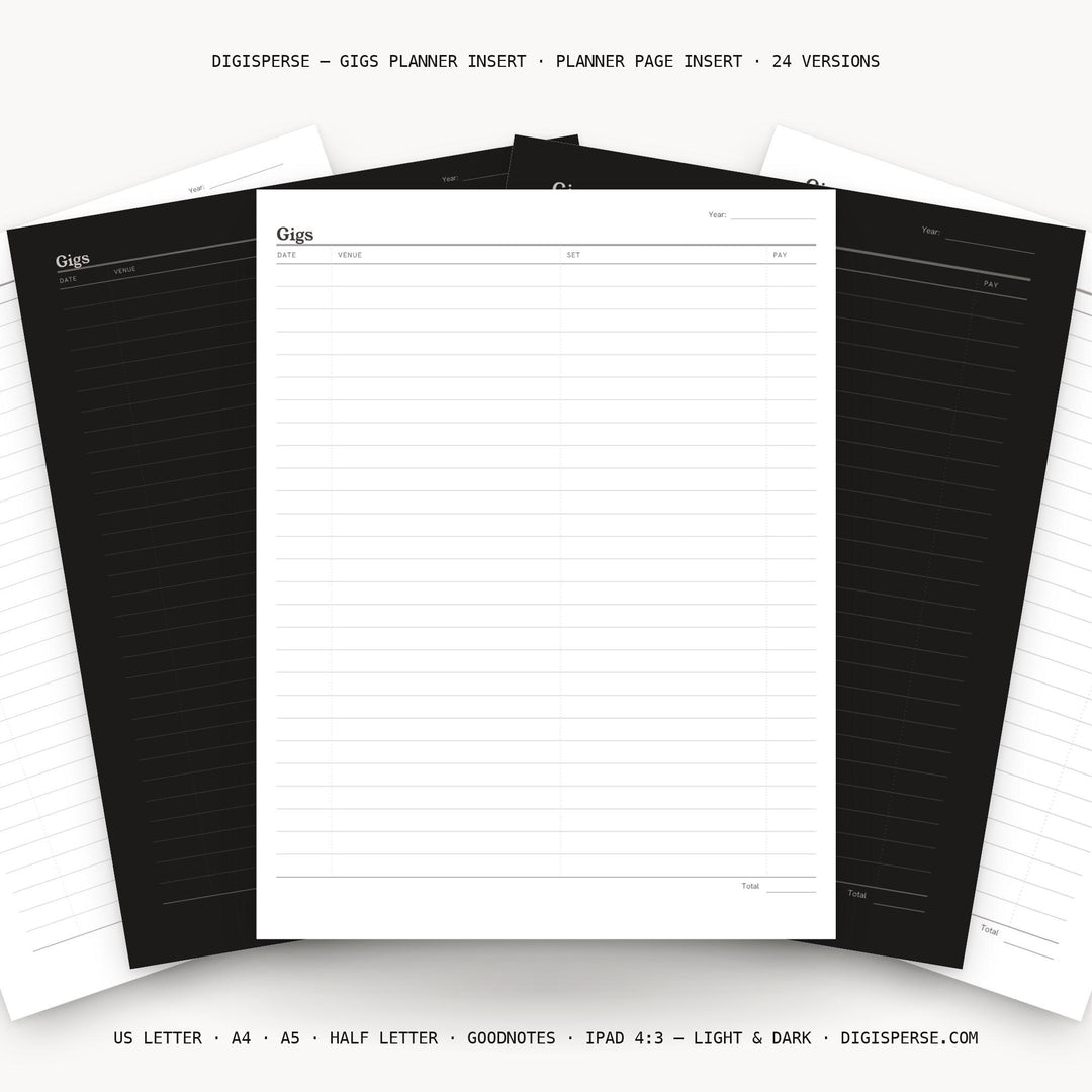 Gigs printable planner insert — main preview