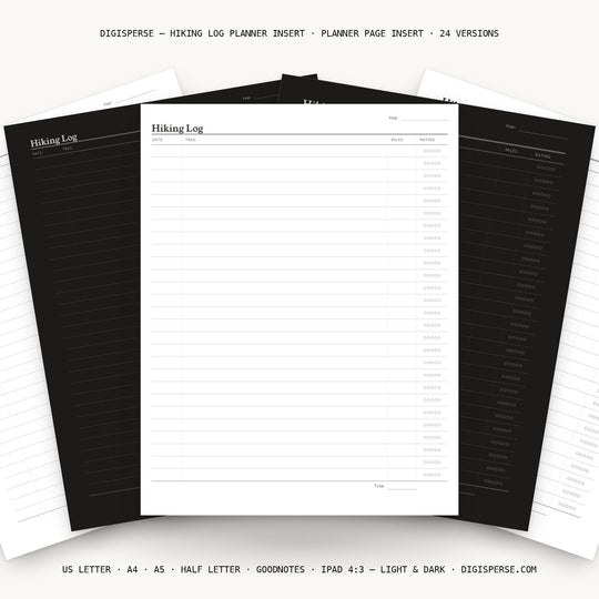 Hiking Log printable planner insert — main preview