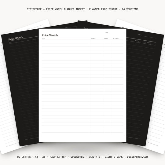 Price Watch printable planner insert — main preview