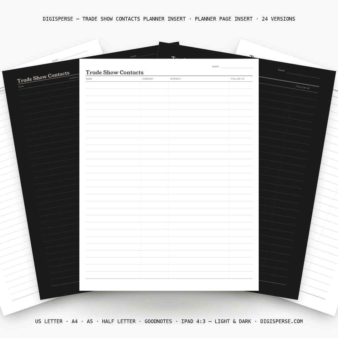Trade Show Contacts printable planner insert — main preview