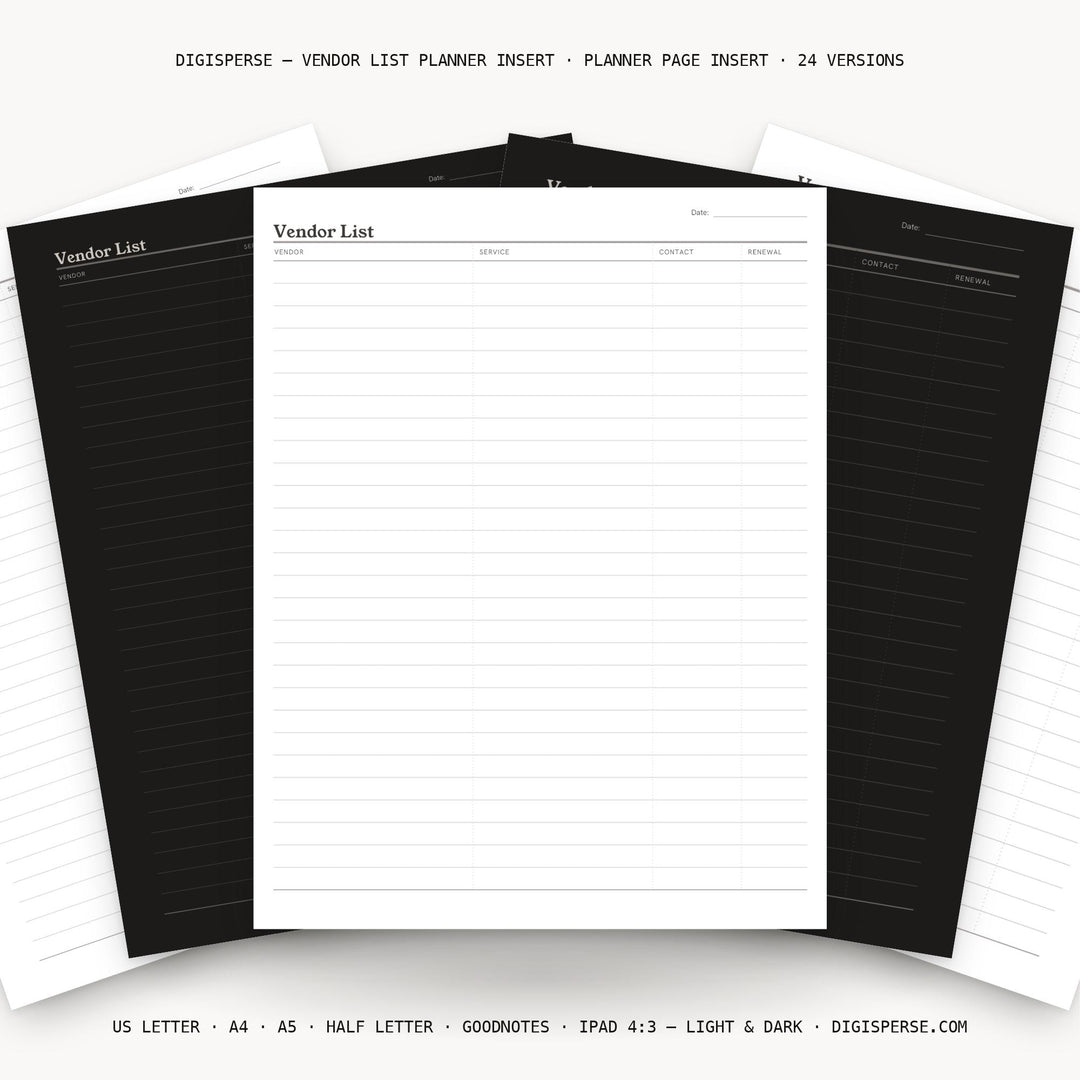 Vendor List Planner Insert | Contact Log | GoodNotes iPad PDF | Digital Download