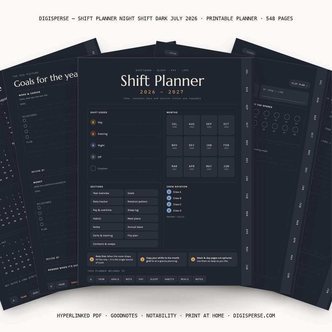 Night Shift Planner 2026-2027 – Dark Mode Digital PDF, Hyperlinked Pages