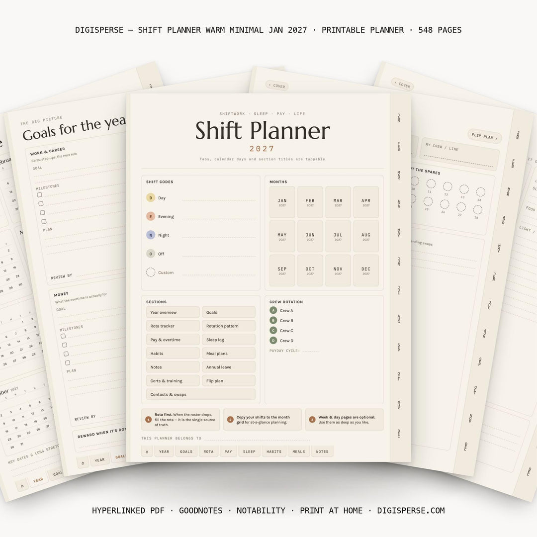 Dated Warm Minimal Shift Planner 2027 | Rotation, Pay, Sleep Trackers (Digital PDF)