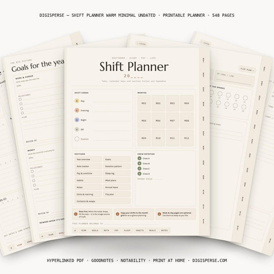 Shift Planner Warm Minimal Undated digital planner — main preview