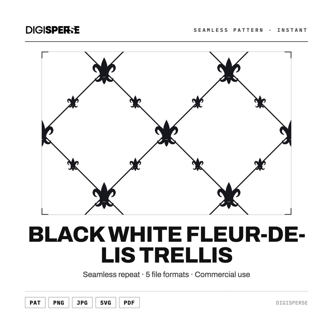 Black White Fleur De Lis Trellis seamless pattern set — main preview