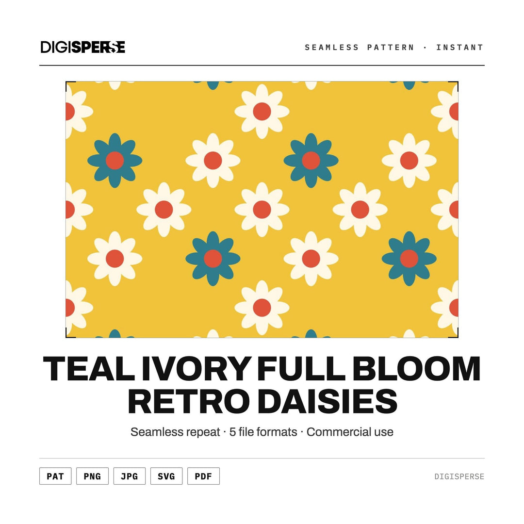 Digital Scrapbook Paper | Teal Ivory Full Bloom Retro Daisies | Fabric Wallpaper