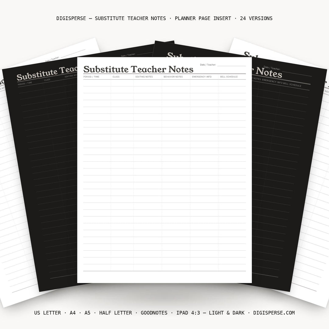 Substitute Teacher Notes printable planner insert — main preview