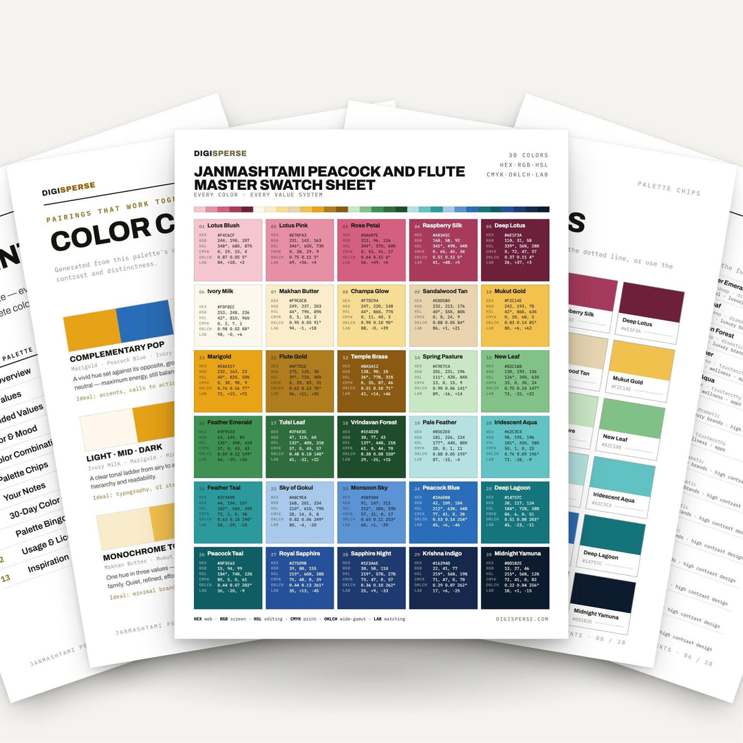 Janmashtami Color Palette | Krishna Peacock Blue Gold Festival | 30 Colors Hex RGB