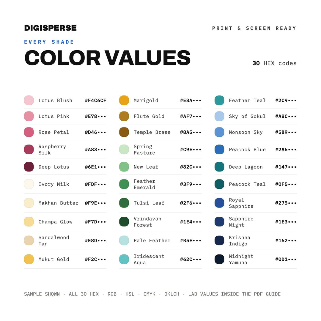 Janmashtami Color Palette | Krishna Peacock Blue Gold Festival | 30 Colors Hex RGB