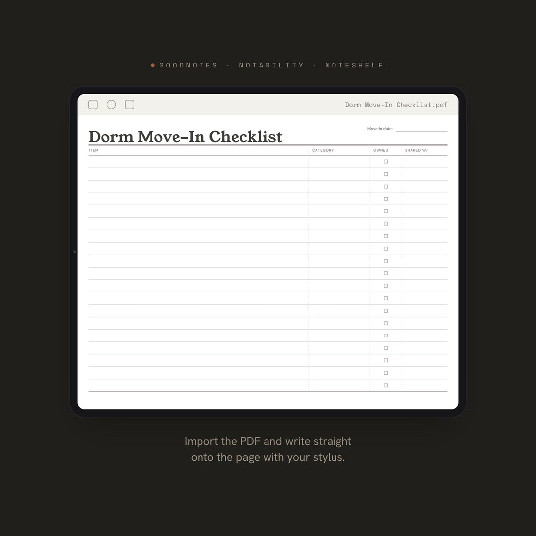 College Dorm Checklist | Back to School Planner Insert | GoodNotes iPad PDF | Instant Download