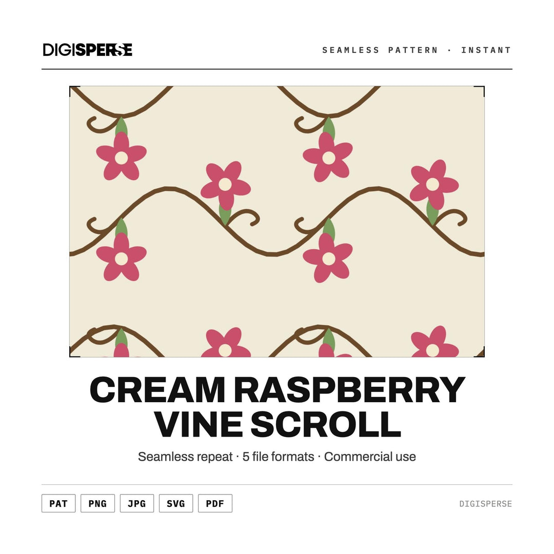 Seamless Digital Paper | Cream Raspberry Vine Scroll | Fabric Wallpaper | PNG SVG PDF