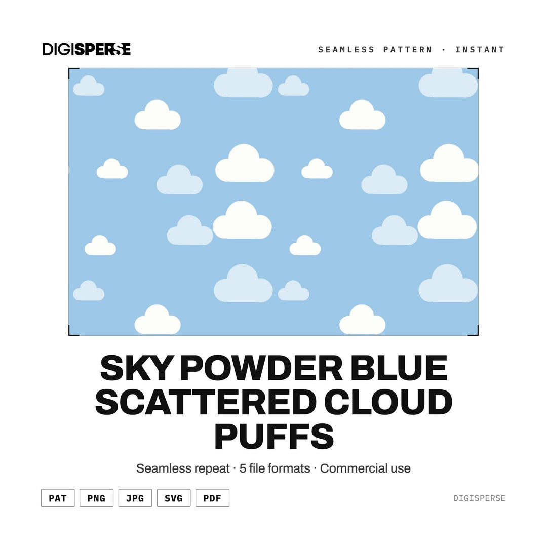 Digital Scrapbook Paper | Sky Powder Blue Scattered Cloud Puffs | Fabric Wallpaper