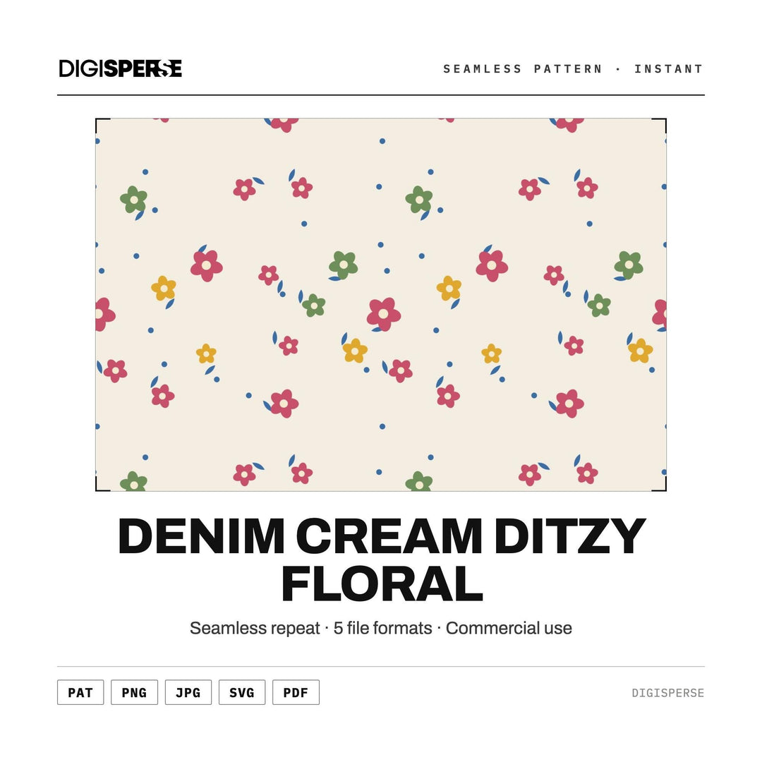 Seamless Digital Paper | Denim Cream Ditzy Floral | Fabric Wallpaper | PNG SVG PDF