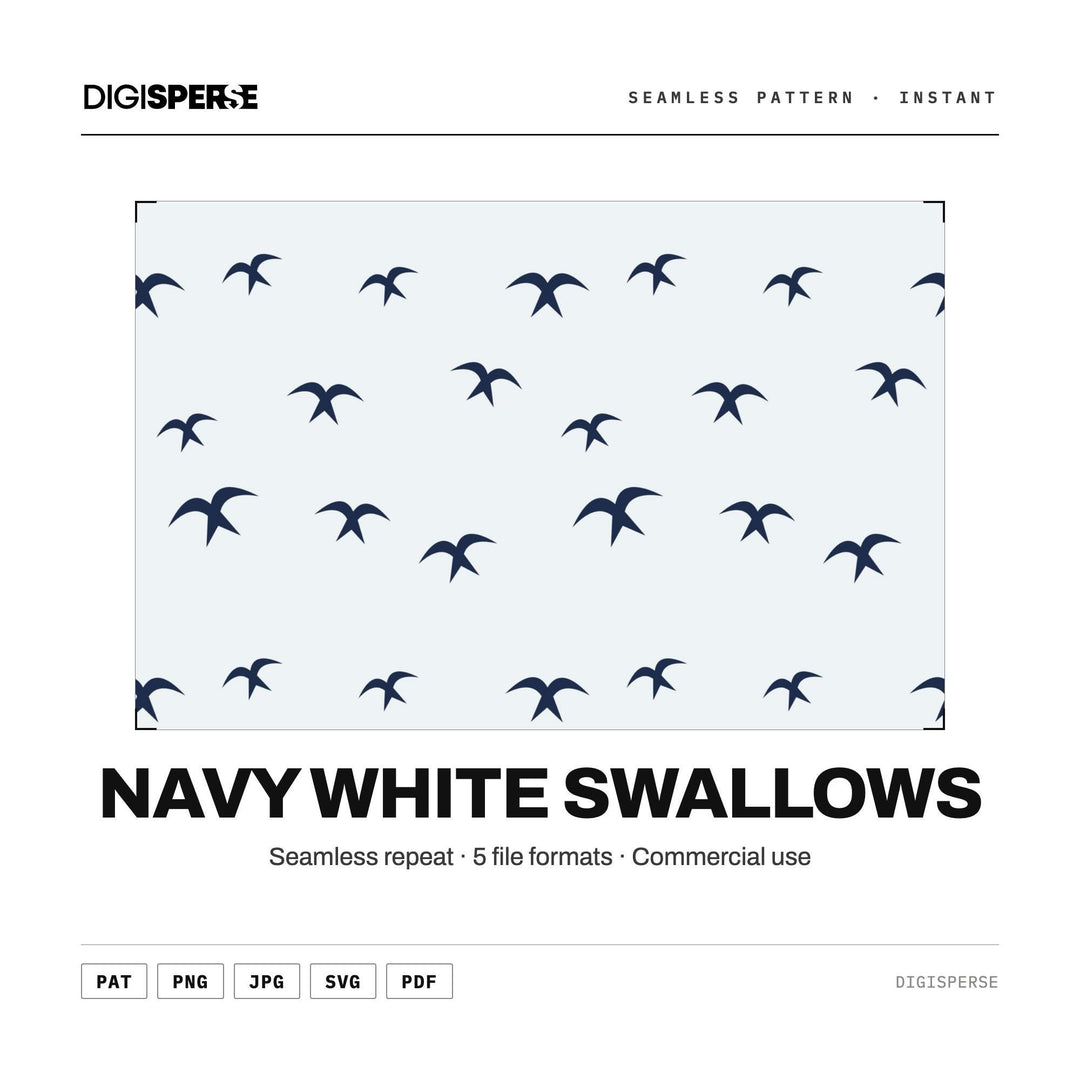 Seamless Digital Paper | Navy White Swallows | Fabric Wallpaper | PNG SVG PDF
