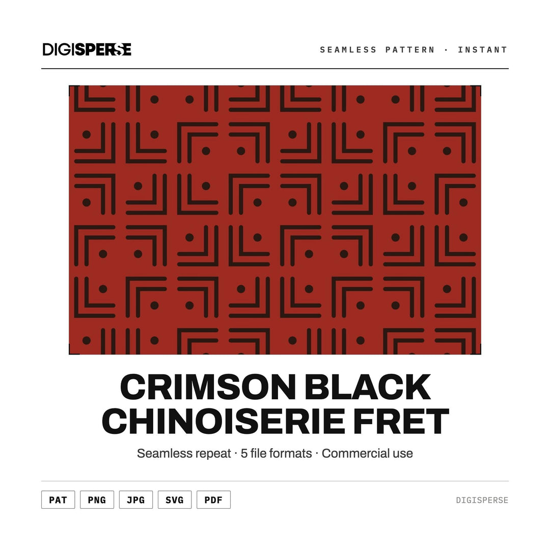 Surface Pattern Design | Crimson Black Chinoiserie Fret | Digital Paper Fabric Wallpaper