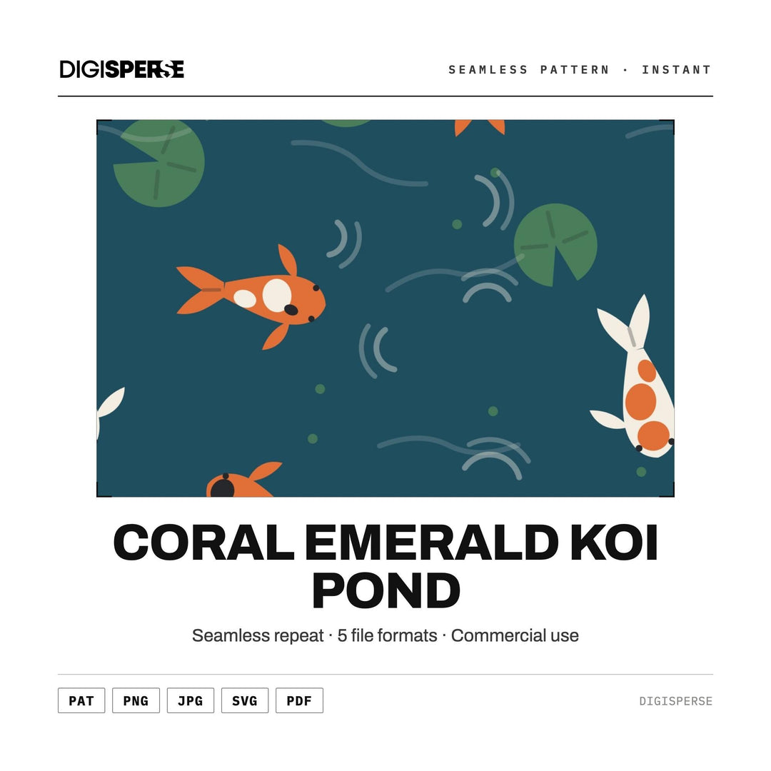 Seamless Digital Paper | Coral Emerald Koi Pond | Fabric Wallpaper | PNG SVG PDF