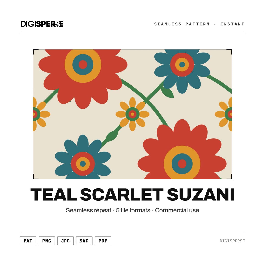 Surface Pattern Design | Teal Scarlet Suzani | Digital Paper Fabric Wallpaper